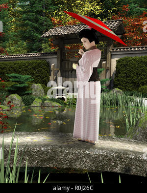 Young Japanese Woman in Pink Kimono with Parasol Standing in a Garden Stock Photo