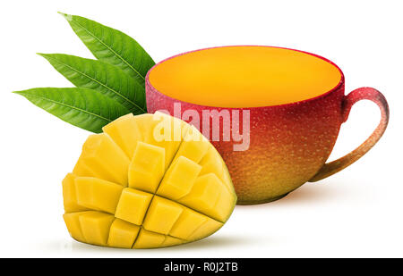 Mug of fresh mango fruit with leaf one cut in half cubes isolated on white background. Clipping Path. Full depth of field. Stock Photo