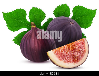 Two fresh figs fruit and slice with leaf isolated on white background. Clipping Path. Full depth of field. Stock Photo