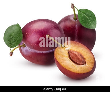 Two Fresh plum with leaf and one cut in half with bone isolated on white background Clipping Path. Full depth of field. Stock Photo