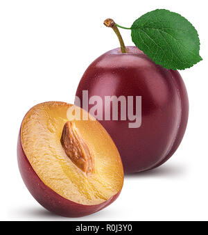 Fresh plum one cut in half with bone and leaf isolated on white background Clipping Path. Full depth of field. Stock Photo