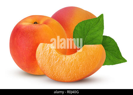 Two fresh ripe apricot with leaf and slice isolated on white background. Clipping Path. Full depth of field. Stock Photo