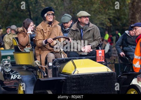 Yasmin Le Bon driving a 1901 Wolsely in the Bonhams London to Brighton Veteran Car Run 2018, the world's oldest motoring event Stock Photo