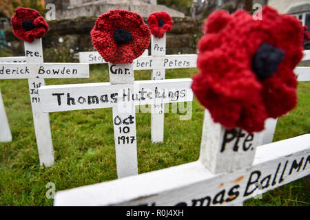 Hand-made wooden crosses and hand-knitted poppies are placed on the war memorial in the Devonshire village of Ashprington, where local councillor Laurence Green has adorned the small memorial with crosses of those that died in the Great War from the Ashprington Parish. Villagers tend the memorial and have made a book featuring details of parishioners that served and died during the First World War. Stock Photo