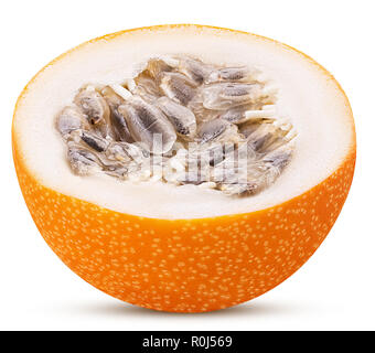 Granadilla fruit cut in half isolated on white background. Clipping Path. Full depth of field. Stock Photo