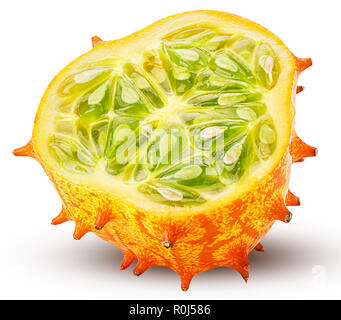 Kiwano, horned melon cut in half isolated on white background. Clipping Path. Full depth of field. Stock Photo