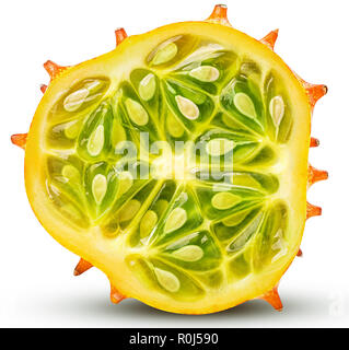 Kiwano, horned melon cut in half isolated on white background. Clipping Path. Full depth of field. Stock Photo