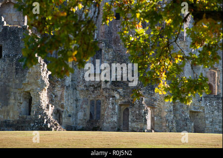View through trees from the west of Old Wardour Castle, near Tisbury, Salisbury, Wiltshire, UK. Stock Photo