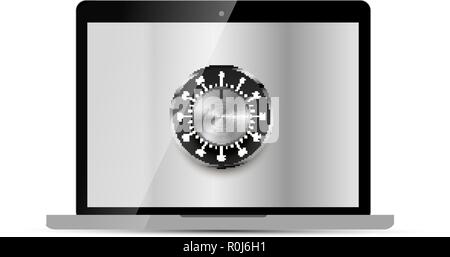 Glossy laptop with round metallic safe lock on display, confidential concept illustration on white Stock Vector