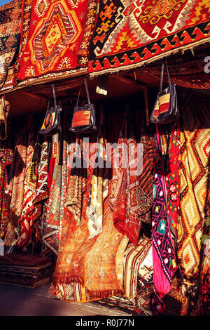 Amazing traditional handmade turkish carpets in souvenir shop. Cappadocia, Turkey. Stock Photo