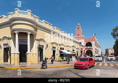 street with houses and shops in downtown merida, mexico. Stock Photo