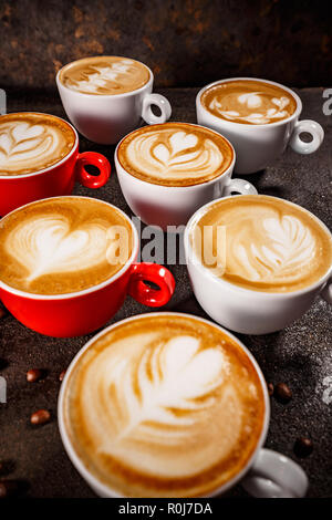 Coffee latte art set, close up shot Stock Photo