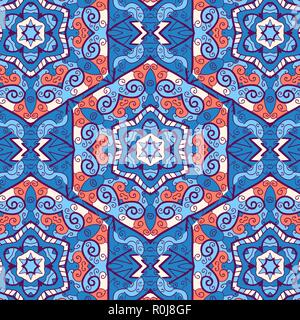 hexagonal oriental seamless ornament, in blue and orange color Stock Vector