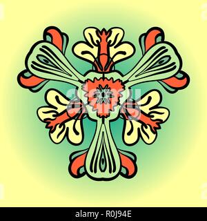 Stylized flower in orange and green color. Decorative vintage element Stock Vector