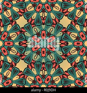 Hand drawn vintage seamless mandala background in green and yellow Stock Vector