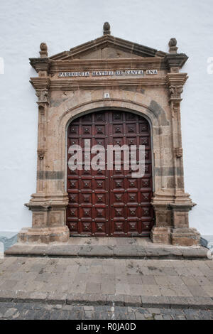 Tenerife, Spain - september 2018: Beautiful old wooden door of the Santa Ana church (Iglesia de Santa Ana) in Garachico Stock Photo