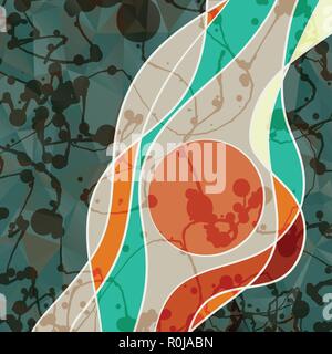 Abstract stylized frame with waving lines of different color and a lot of blots. Blank round frame for copyspace Stock Vector