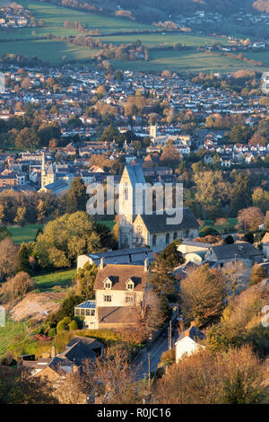 All Saints Church in Selsley village. View from selsley common across the stroud valley in autumn at sunset. Selsley, Cotswolds, Gloucestershire, UK Stock Photo