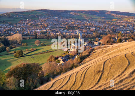 Selsley village. View from selsley common across the stroud valley in autumn at sunset. Selsley, Cotswolds, Gloucestershire, UK Stock Photo