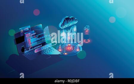 laptop connection on cloud storage for collaboration work with remote team. Cooperation work via internet and work with project in shared access. Isometric infographic concept. Stock Vector