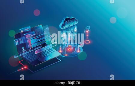 laptop connection on cloud storage for collaboration work with remote team. Cooperation work via internet and work with project in shared access. Isom Stock Vector
