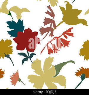 Silhouettes of different flowers and leaves hand drawn.Vector floral seamless background pattern for wallpaper, textile prints, fabric. Stock Photo