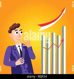 Successful businessman standing with arms folded next to bar chart stats Stock Vector