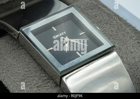 Closeup of a DKNY wristwatch with square face Stock Photo