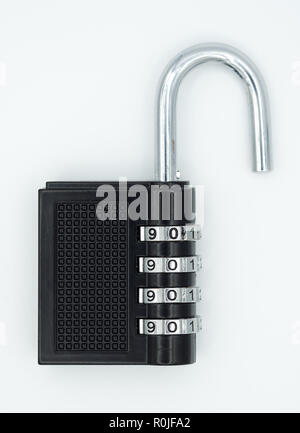 Black code number padlock open and isolated on white background Stock Photo