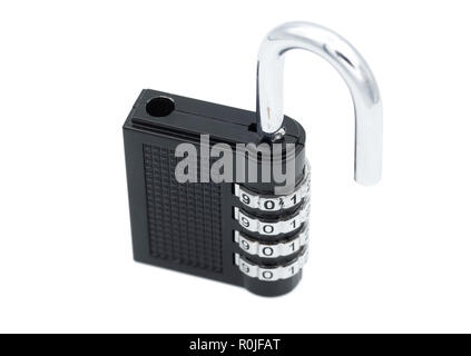 Black code number padlock open and isolated on white background Stock Photo