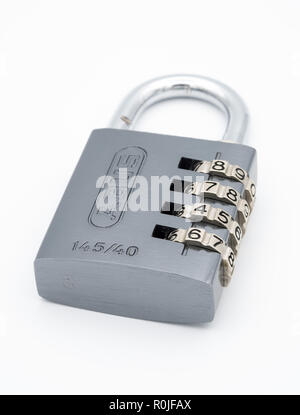 Metal four digit combination ABUS padlock isolated on white background Stock Photo