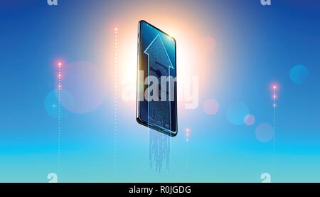 5g digital network symbol on screen modern smartphone on background clear heavens and luminous signal lte of iot devices. The arrow showing hi-speed of internet connection. LTE wireless technology Stock Vector