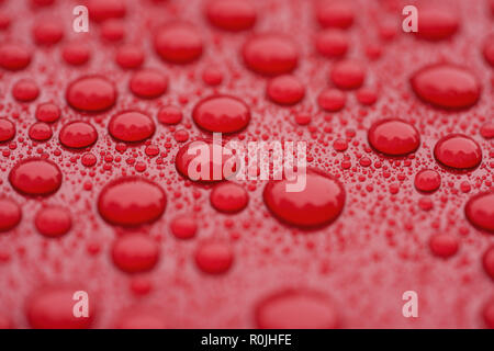 Closeup waterdrops on red ceramic coated paint surface, shallow focus Stock Photo