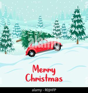 Red auto with christmas tree on roof, delivery Stock Vector