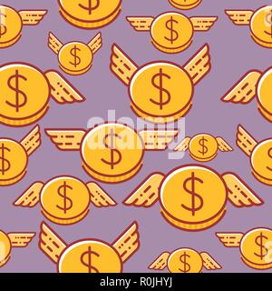 Dollar coins with wings, seamless vector pattern Stock Vector