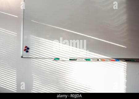 Empty whiteboard with marker pens and magnets. Business presentation office white board . clean with colored markers in sunlight Stock Photo
