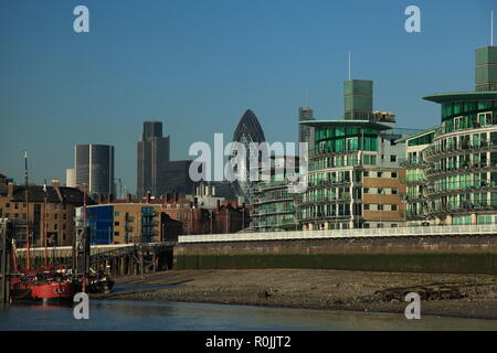 View of 30 St Mary Axe in City of London from River Thames. Stock Photo