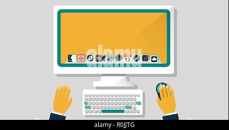 A desktop with a keyboard and the hands of a manager in an office. Icons on the monitor. Stock Vector