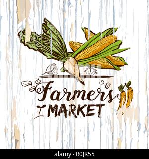 Farmers market illustration on wood. Vector food illustration. Stock Vector