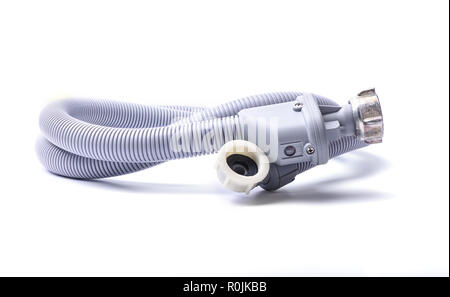 Plastic and metal connectors drain hose for washing machine. Isolated on white. Copy space. Board design Stock Photo