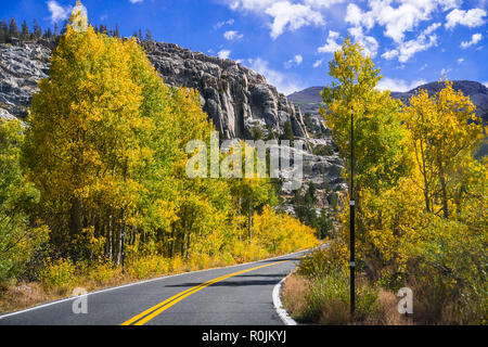Driving through the Sonora Pass in the Eastern Sierra mountains on a sunny fall day; California Stock Photo