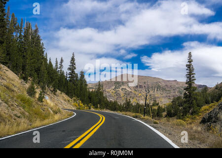 Driving through the Sierra mountains towards Sonora pass, California