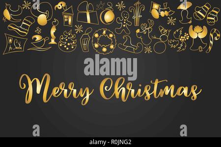 Golden ornated metallic christmas decoration toys and stickers silhouettes on black. Giftbox, deer, bell, gingerbread, candy cane, snowman, greetings, Stock Vector