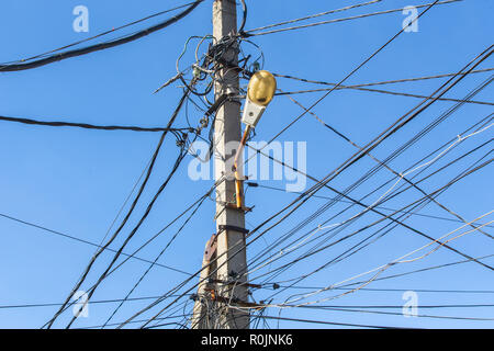lots of electric wires and a lantern on a pole on the sky background Stock Photo