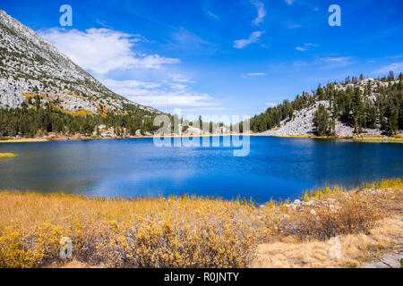View of Heart Lake in the Eastern Sierra mountains on a sunny autumn day, Little Lakes Valley trail, John Muir wilderness, California