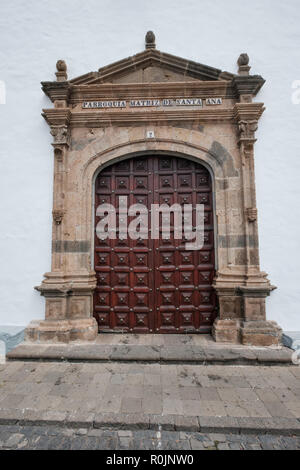 Tenerife, Spain - september 2018: Beautiful old wooden door of the Santa Ana church (Iglesia de Santa Ana) in Garachico Stock Photo