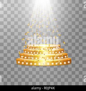 Golden podium with a spotlight on a transparent background, with confetti, the first place, fame and popularity. Vector illustration. Empty round shelf gold for exhibition Stock Vector