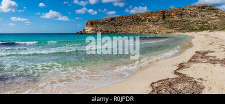 Panoramic view o f the Rabbit beach (Spiaggia dei Conigli) in the Pelagie Island Lampedusa. Sicily. Stock Photo