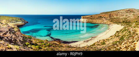 Panoramic view of  the Rabbit beach (Spiaggia dei Conigli) in the Pelagie Island Lampedusa. Sicily. Stock Photo