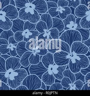 Vector seamless pattern with blue pansy on a blue background. Stock Vector